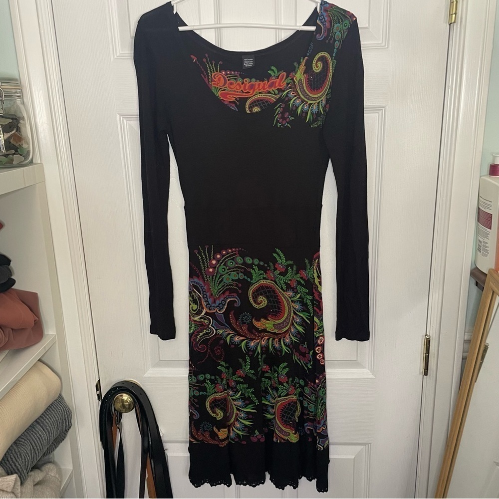 DESIGUAL Black and Multicolour Floral Printed Long Sleeve Dress Small